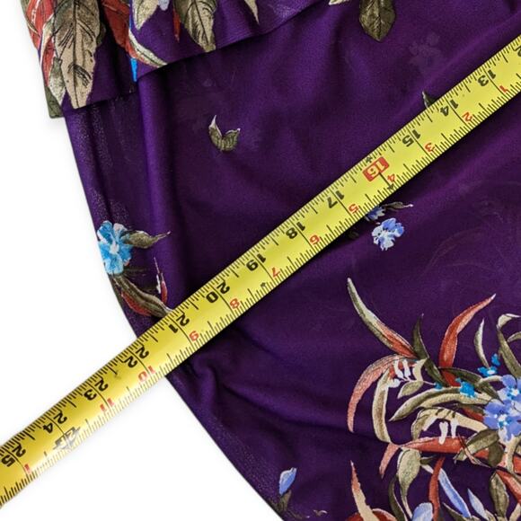 Vintage 70s Peplum Ruffle Dress ~ Botanical Print Sheer Blouson High Collar - Picture 9 of 10